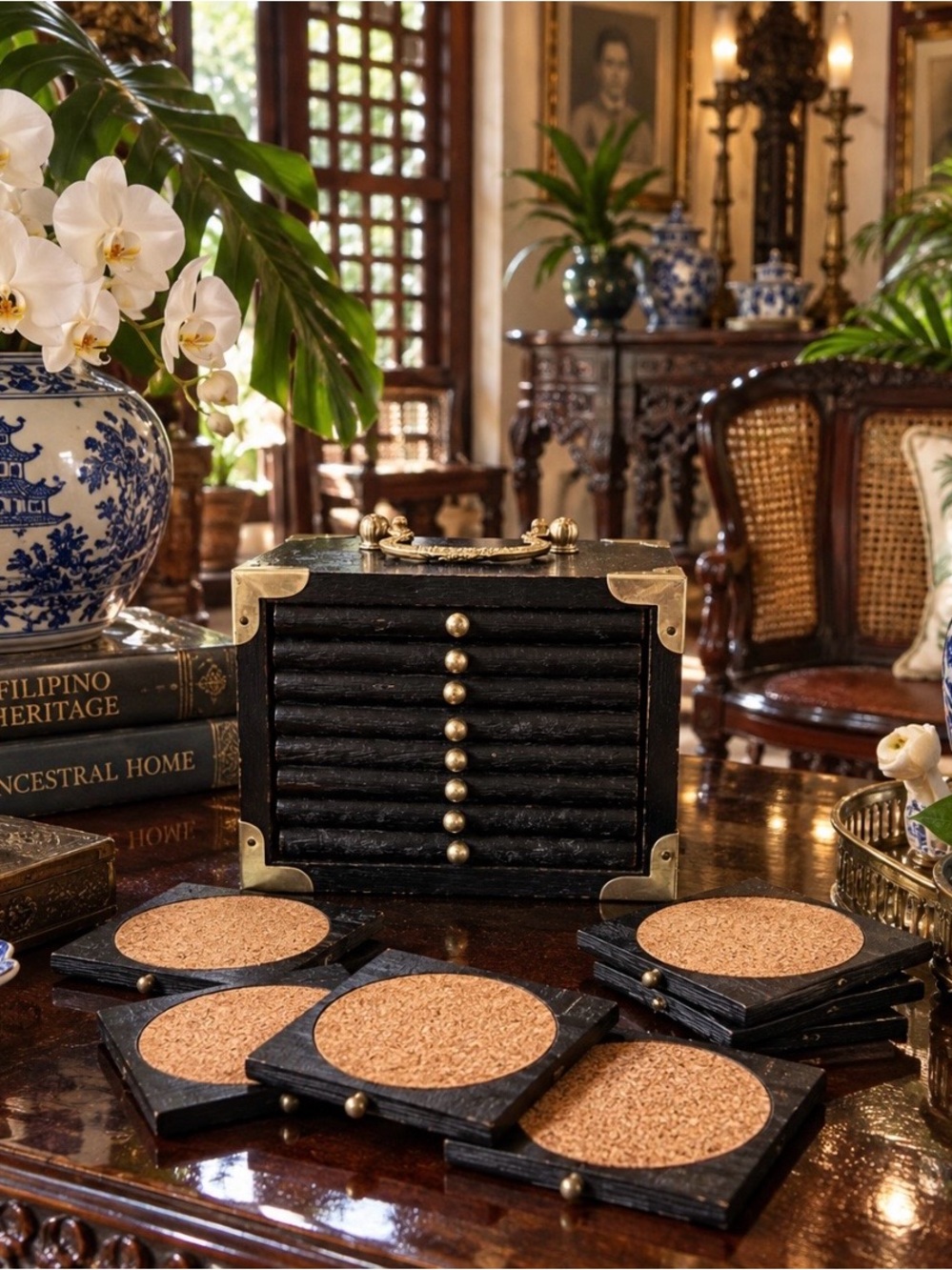 Vintage Chinoiserie Black Lacquer 8 Pc Coaster Set Brass Storage Box